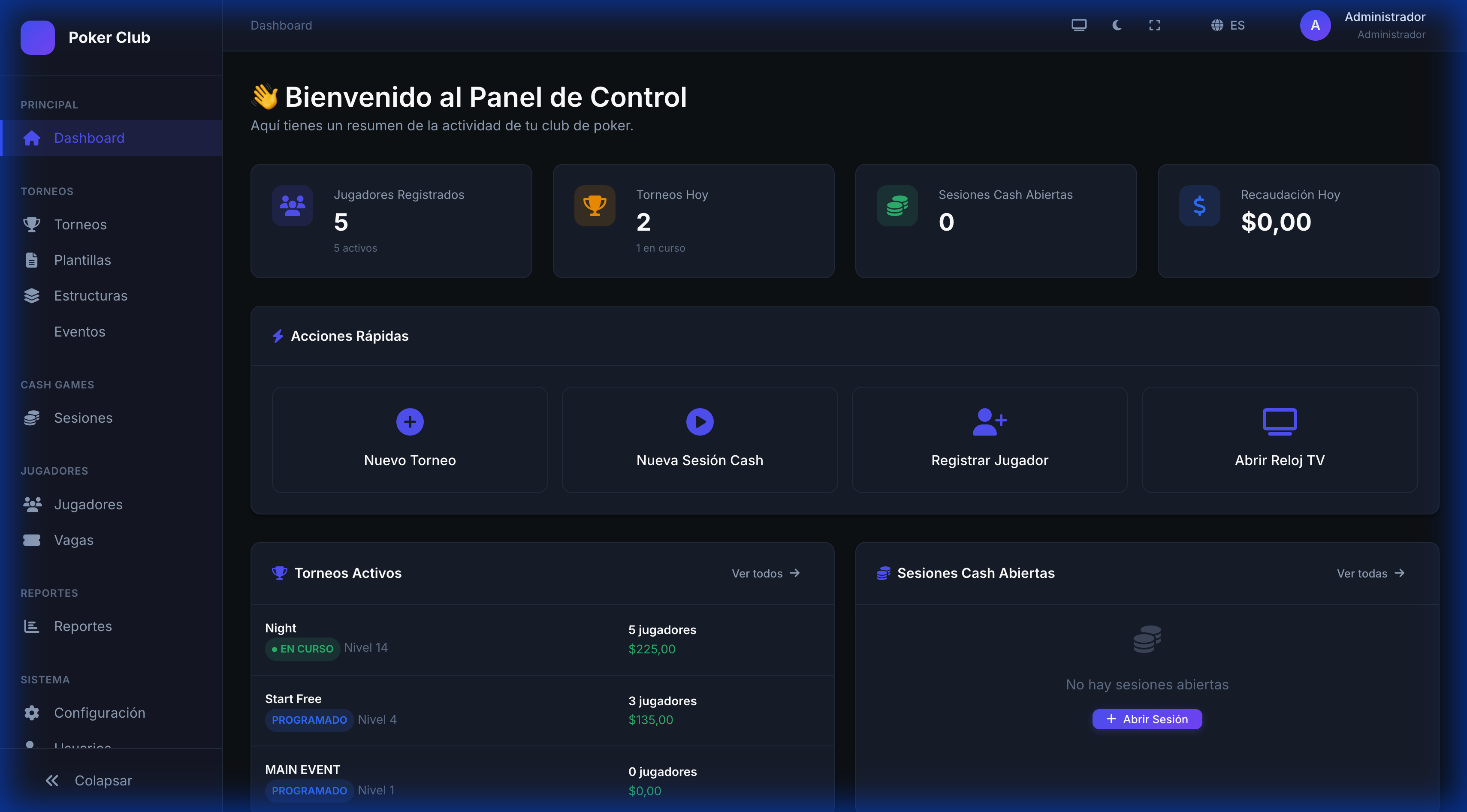 Poker Club Manager Dashboard